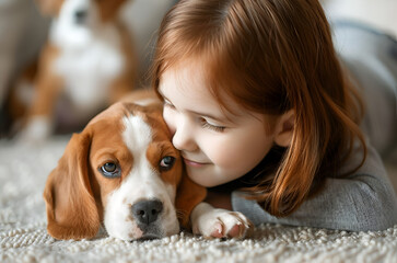 red haired small girl with beagle puppy dog at home. pet love concept