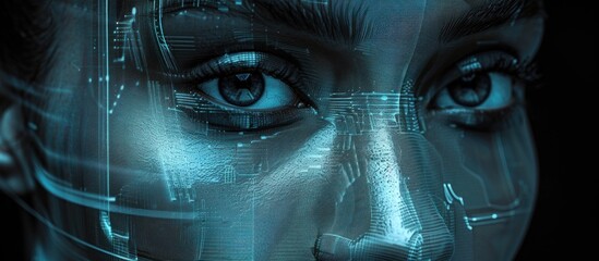 A womans face is shown with a futuristic interface in the background, illustrating the concept of facial symmetry analysis.