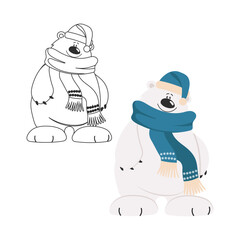 Coloring book for children, cute polar bear in a hat. Illustration and sketch, vector