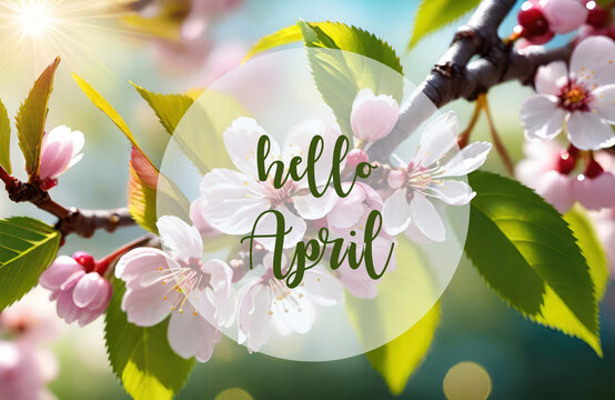Hello April greeting card with sakura or cherry tree blossoms on a sunny sky background.Springtime concept.Selective focus.