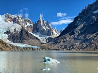 Torre Lagoon with floating icebergs in El Chalten, Argentina