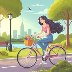 A colorful flat-style illustration of a woman riding a bicycle in the park in summer.