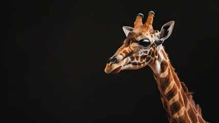 Illustration AI horizontal giraffe portrait on dark background copy space. Concept animals.