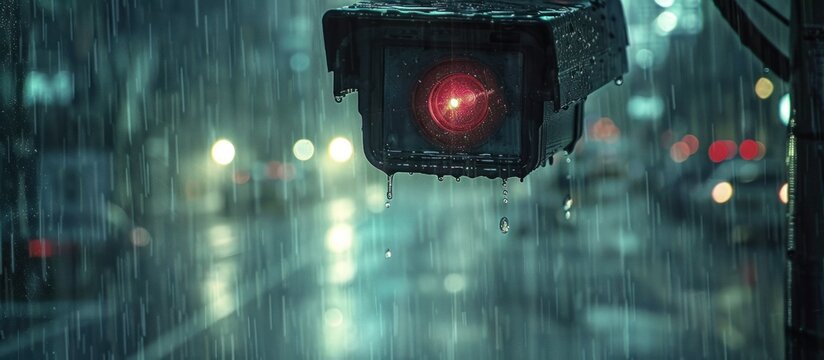 A traffic light suspended from a pole sways in the rain, as drops cascade down, creating a gloomy urban scene.