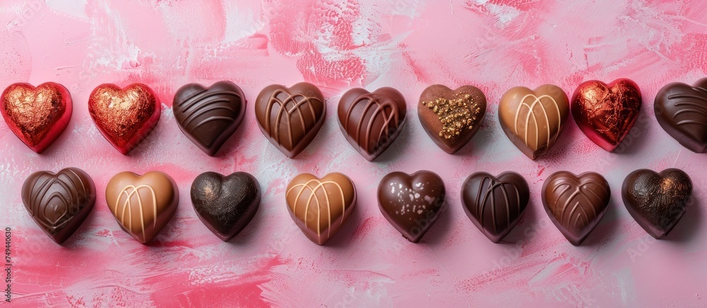 Poster Multiple heart shaped chocolates arranged neatly on a pink surface, creating a charming display.