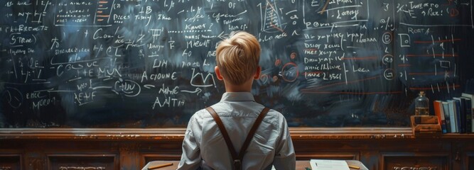 A teenage boy stands in the classroom, facing a blackboard covered with various writing and diagrams. - obrazy, fototapety, plakaty