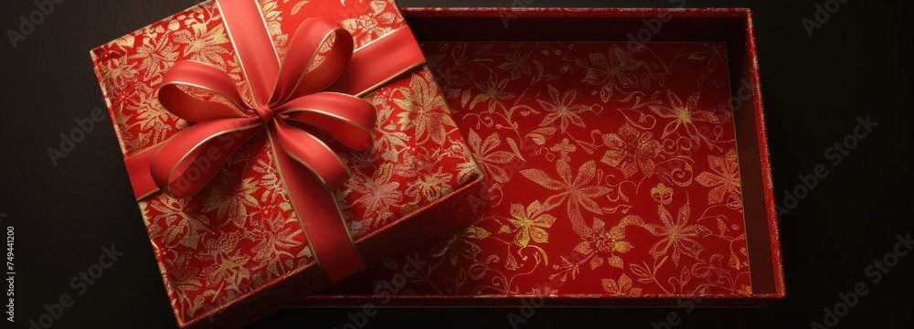 Poster a top view of a red box with a matching red bow on top, against a plain background.
