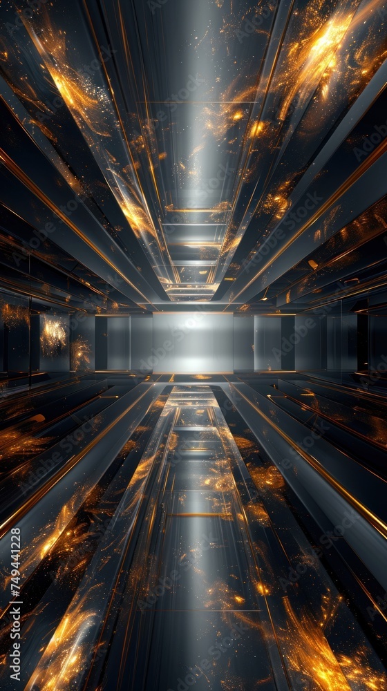 Poster a minimalist tunnel with black and gold patterns creating a unique visual effect.
