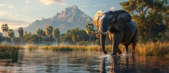 Foto op Aluminium African elephant wading through the water with a scenic backdrop. © FryArt Studio