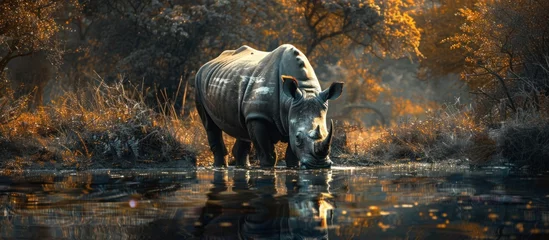 Poster A rhino quenching its thirst in a river, standing next to a dense forest in the background. © FryArt Studio