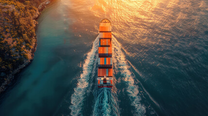 Aerial view of container cargo ship, import export commerce business trade logistics and international transportation by container cargo ship boat in the open sea, Freight shipping.banner - obrazy, fototapety, plakaty
