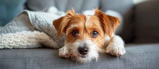 A brown and white dog is comfortably resting on top of a couch in a home setting.