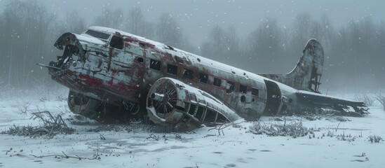 An abandoned plane sits motionless in a snow-covered landscape, surrounded by a blanket of white.