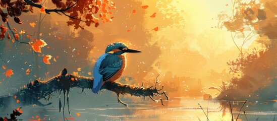 A painting depicting a colorful kingfisher bird perched on a tree branch in a wild setting.