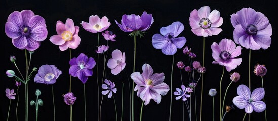 Numerous purple flowers clustered together against a black backdrop.