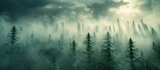 A forest landscape with abundant tall grass covering the ground under a cloudy sky.