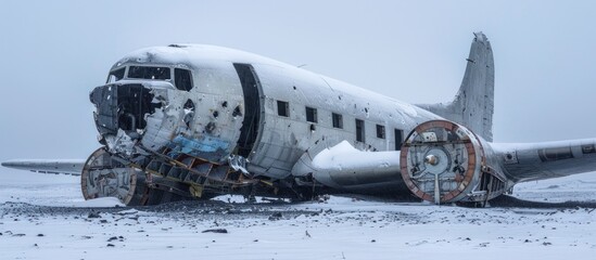 An old plane wreck covered in snow, abandoned and decaying in a remote location.