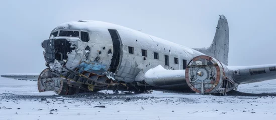 Fotobehang Oud vliegtuig An old plane wreck covered in snow, abandoned and decaying in a remote location.