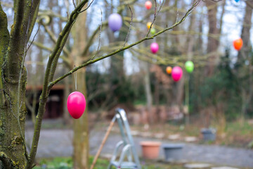 Ostereier hängen an Ästen und Zweigen im Garten zu Osterfest.