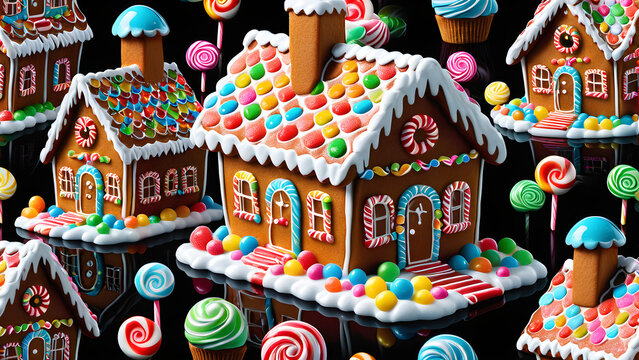 glassy candy-coated house sweet confectionery dreamland festive delight for all ages on a black background.