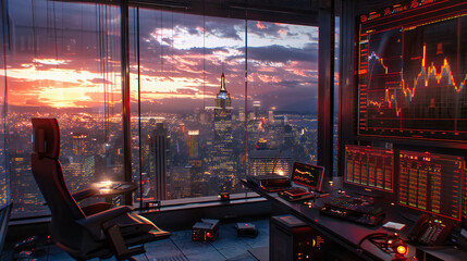 Urban Skyline at Sunset, Aerial View of Manhattans Financial District - obrazy, fototapety, plakaty