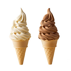 delicious vanilla and chocolate soft serve ice creams in waffle cones isolated on a white background, perfect for dessert or sweet treat concepts