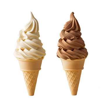 delicious vanilla and chocolate soft serve ice creams in waffle cones isolated on a white background, perfect for dessert or sweet treat concepts