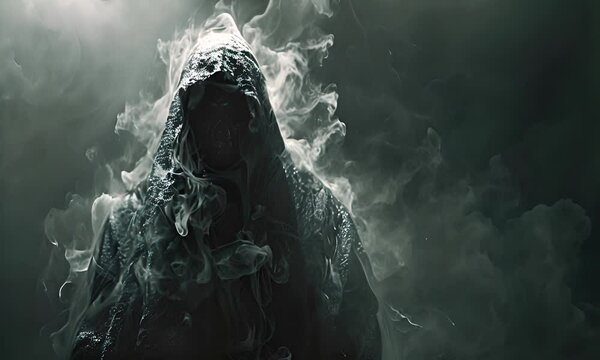 Mysterious cloaked figure surrounded by smoke. Concept of mystique and secrecy.