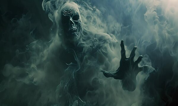 Frightening ghostly creature in smoke. Concept of horror and mystique.