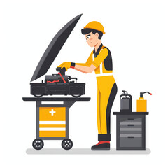 Mechanic Repairing Automobiles - Garage. Vector Icon Illustration. Job Icon Concept Isolated Premium Vector.