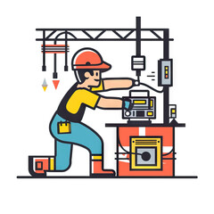 Electrician Installing Wiring - Construction Site. Vector Icon Illustration. Job Icon Concept Isolated Premium Vector. 