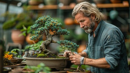 Man caring for a bonsai - Powered by Adobe