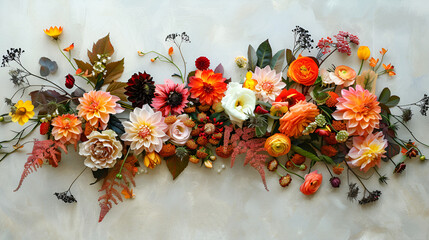 An autumn composition featuring a variety of beautiful flowers arranged on a light backdrop, showcasing the vibrant colors and natural beauty of the season, creating an elegant and charming floral dec