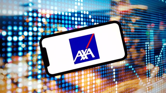Konskie, Poland - March 02, 2024: AXA insurance company logo displayed on mobile phone screen