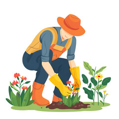 Gardener Planting Flowers - Garden. Vector Icon Illustration. Job Icon Concept Isolated Premium Vector.