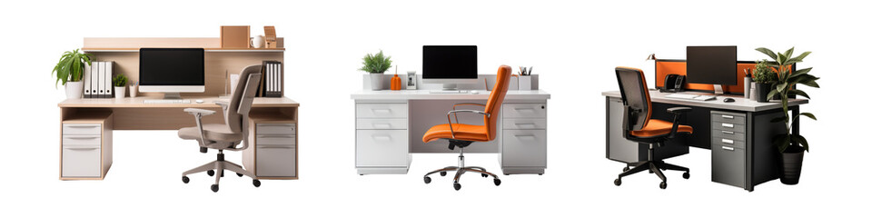 Office workstation desk isolated on transparent background.