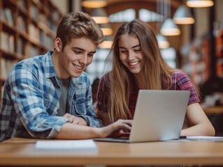 Two students engage with a laptop in a library, embodying the essence of collaborative learning.