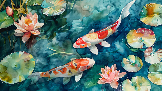 Serene koi fish pond with lily pads watercolor
