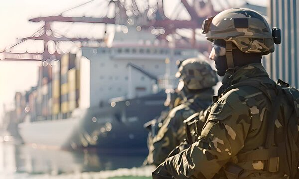 Military personnel at the port. The concept of a naval operation.