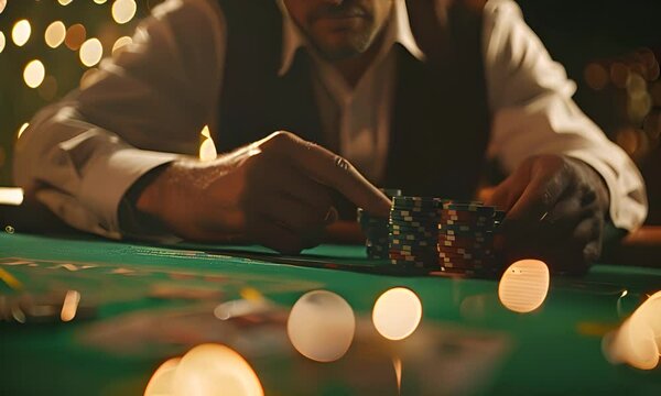 Man playing poker, betting with chips. The concept of gambling.