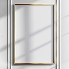Stainless steel square frame With a blank white canvas hanging elegantly on a white framed wall perfectly positioned in the center of the picture. reflecting simplicity
