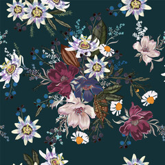 Fashion vector seamless pattern with hand drawn flowers in vintage style - 749444676