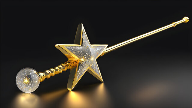 magic wand with a golden star and sparkles on a black background. golden stars on a black background