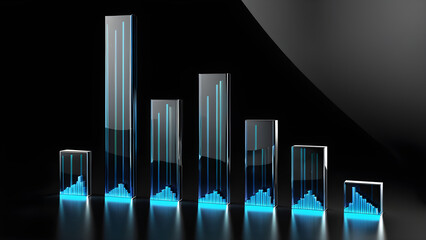 graph on black. arrow going up stock icon with bar chart on black background