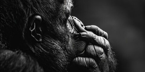 The thoughtful expression of a gorilla, captured in a close-up , concept of Primate Behavior Analysis - obrazy, fototapety, plakaty