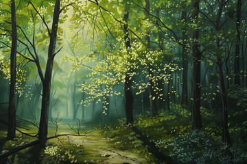 Green forest in spring. Nature background acrylic painting. Generative AI.