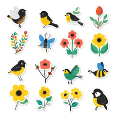 Birds, Bee, Flower, Garden Sticker Collection. Multiple. Vector Icon Illustration. Icon Concept Isolated Premium Vector. 