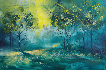 Green forest in spring. Nature background acrylic painting. Generative AI. - 749445446