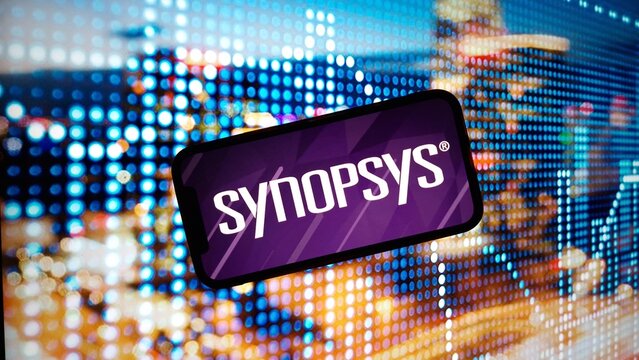 Konskie, Poland - March 02, 2024: Synopsys company logo displayed on mobile phone screen