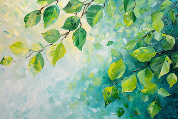 Green leaves in spring. Nature background acrylic painting. Generative AI. - 749445667